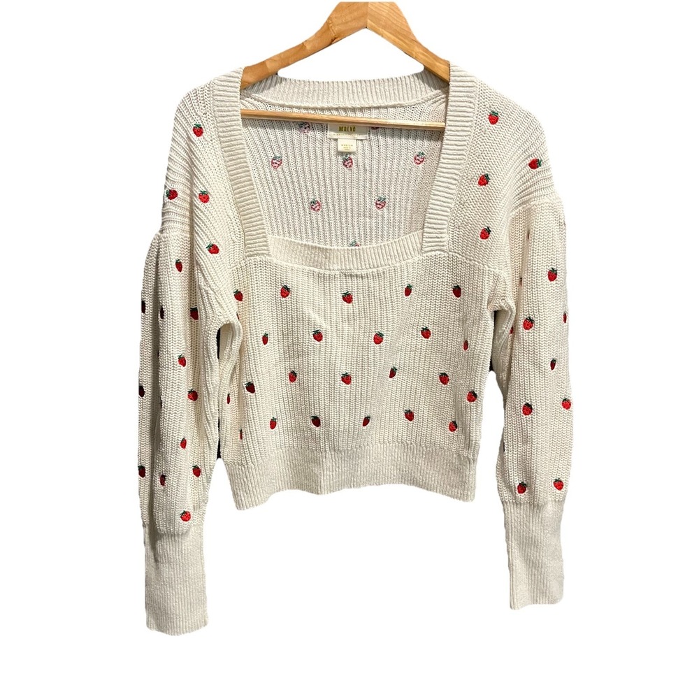 Maeve Ivory Strawberries Square Neck Knit Women's Sweater Size Medium